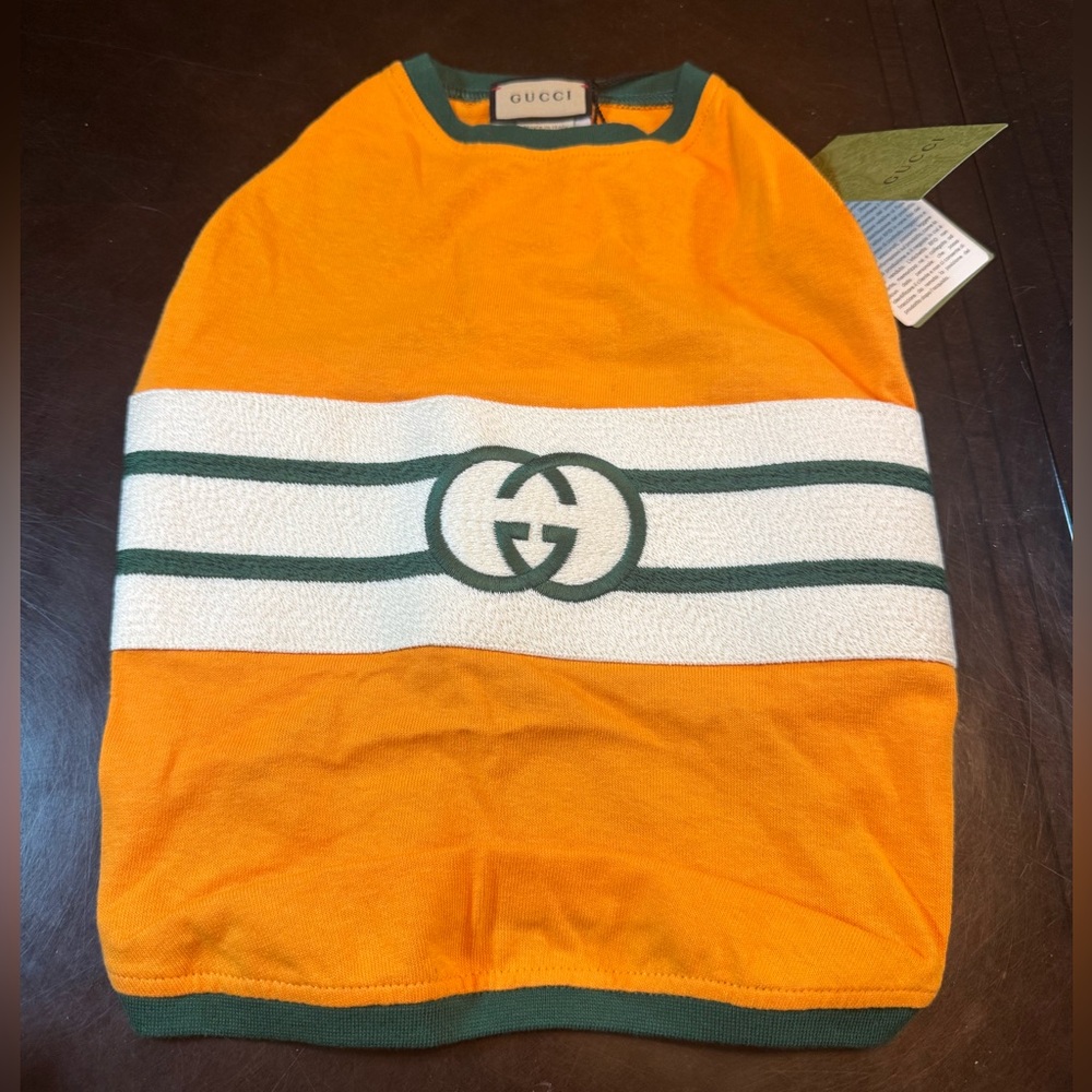 New Authentic Gucci GG Logo Dog Shirt Clothes Gold Green Size M